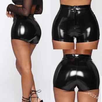 

WEPBEL Women PU Leather Shorts High Waist Solid Color Sexy Nightclub Costumes Shorts Button Fashion Summer