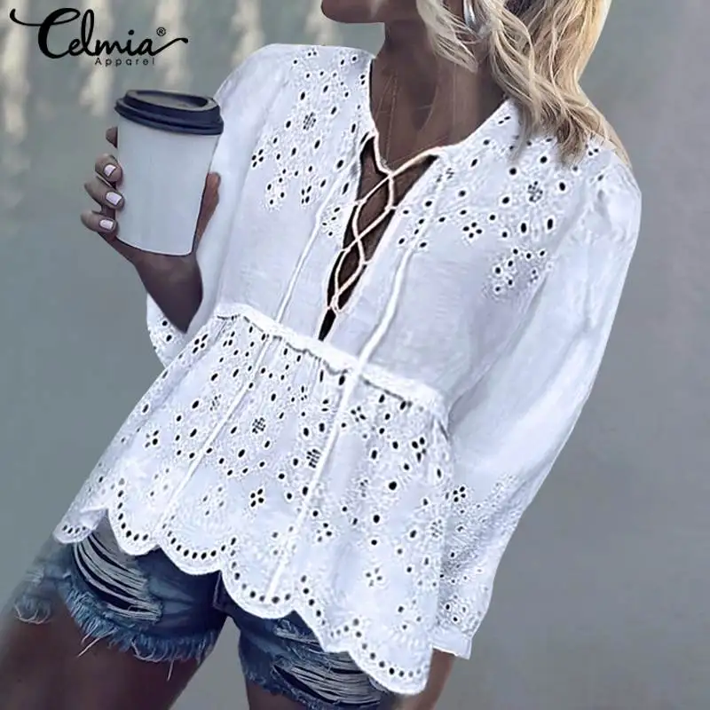 

White Lace Shirts Women's Blouses 2019 Celmia Plus Size Summer Tops Sexy Hollow Lace Up 3/4 Sleeve Casual Blusas Femininas S-5XL
