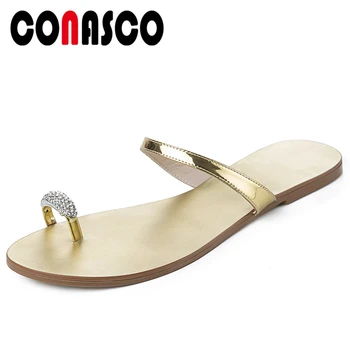 

CONASCO 2020 Summer Concise Casual Women Sandals Slippers Pinch Beach Shoes Rhinestone Metal Decoration Flat With Shoes Woman