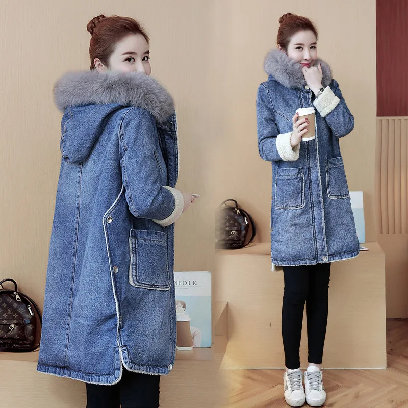 

Winter New Style WOMEN'S Dress Mid-length Large Fur Collar Cowboy Cotton-padded Clothes plus Velvet Berber Fleece Loose Casual W