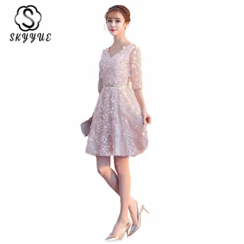 

Short Prom Dresses Skyyue ER229 Elegant V-neck Above Knee Formal Party Dress Half Sleeve Appliques Pink Vestidos De Fiesta