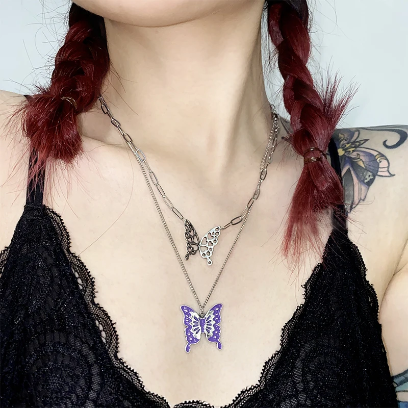 HUANZHI 2020 3pcs/set Three Layer Butterfly Cross Angel Pendant Metal Chain Necklace for Women Punk Cool Guy Jewelry