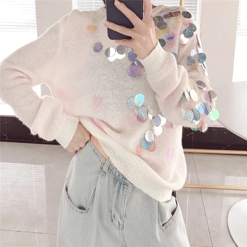 

2019 Fashion Women Autumn Beading Sequins Knitted Sweaters Long Sleeve Thin Loose Sweaters Casual Jersey Pullovers