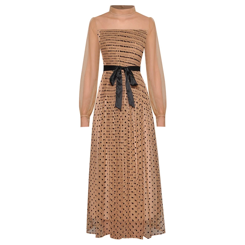 

HIGH QUALITY Newest Fashion 2020 Runway Dress Women's Long sleeve Belted Dot Gauze Dresss
