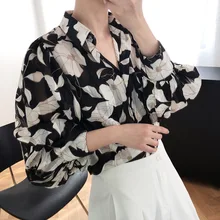 Camisas holgadas casuales de gasa para mujer, Camisa estampada Vintage a la moda Floral, Tops finos, camisa elegante de verano con mangas abullonadas para mujer