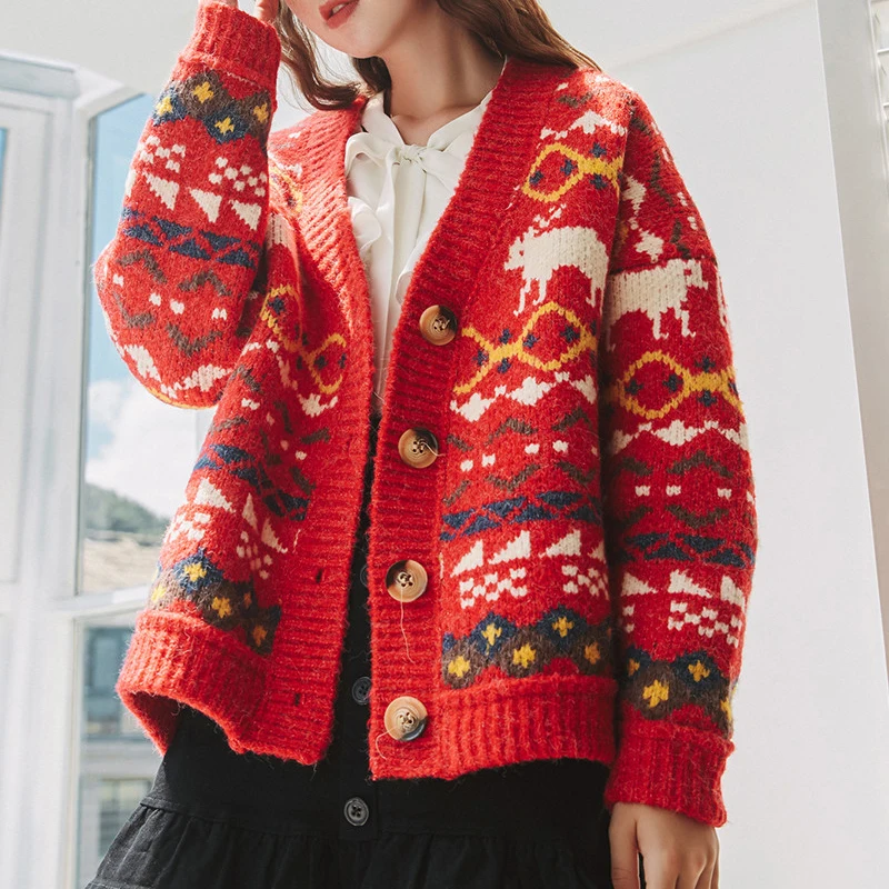 Осенний женский жаккардовый вязаный свитер с изображением ленивого рождественского оленя, кардиган, зимний свитер, Повседневный Кардиган, женские кардиганы больших размеров