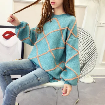 

Rhombic embroidered cashmere sweater women's loose 2019new pullover Korean version sweater lazy wind net red knit sweater women