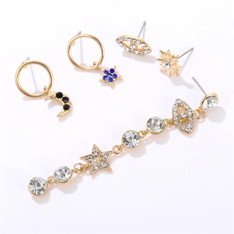 

5 Mix Design Sun Star Moon Crystal Pendants Earrings Set Women Trendy Gold Color Circles Eyes Drop Ear Cuff Earrings Ear Jewelry