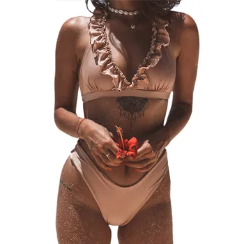 

Sexy Ruffle Swimwear Women Fashion Frill Bathing Suits Women High Waist Bikini Set Solid Neck Lacing-Up Swimsuit Ladies Tankini