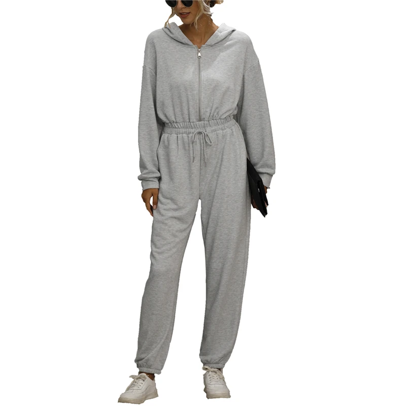

2020 Fashion Women Ladies Zipper Hooded Jumpsuit Solid Color Long Sleeve Zipper Drawstring Elastic Waist Playsuits Jumpsuits