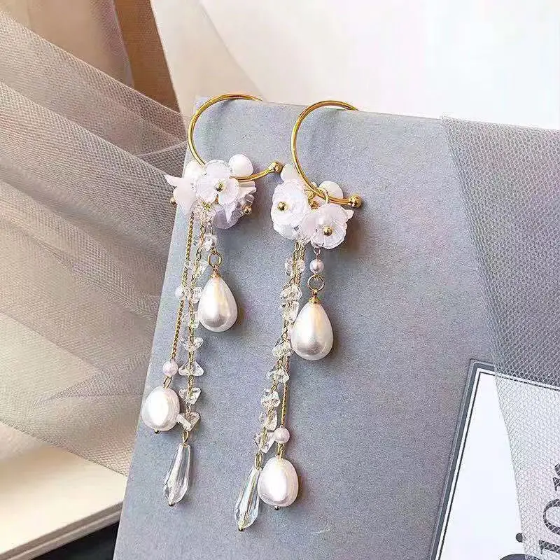 Drop-Earrings Pendant Tassel Women Jewelry Pearl Dangling Water-Drop Butterfly Long-Section