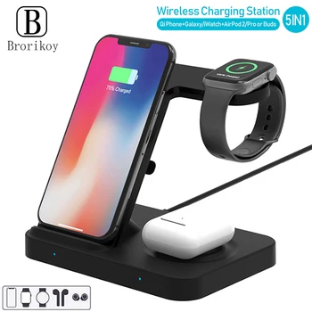 

5in1 Qi Wireless Charging Station for Samsung Buds Gear 3 iPhone 11 Pro Airpods pro iWatch 5 4 3 2 Fast Wireless Charging Dock