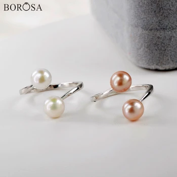 

BOROSA 92.5% Silver Color Natural Pearl Rings for Women Elegant White Double Round Pearl Open Rings Adjustable Rings WX1379