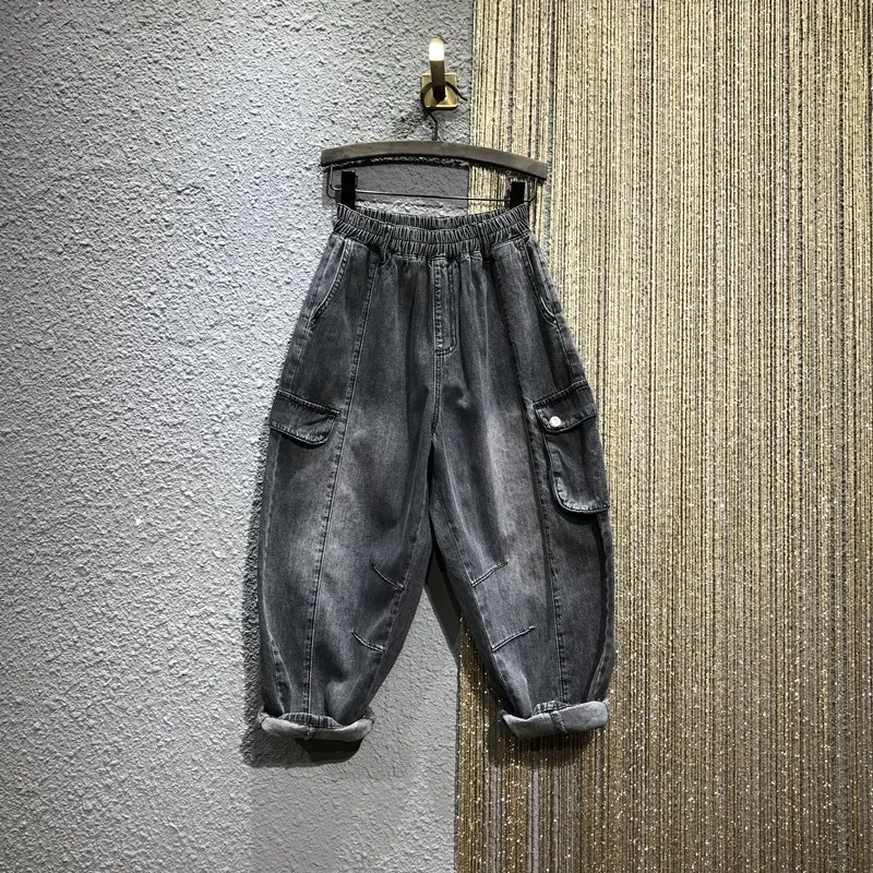 pants-denim-womens-summer-new-vintage-elastic-waist-loose-cargo-pockets-fashion-female-ankle-length-harem-pants-korean-style