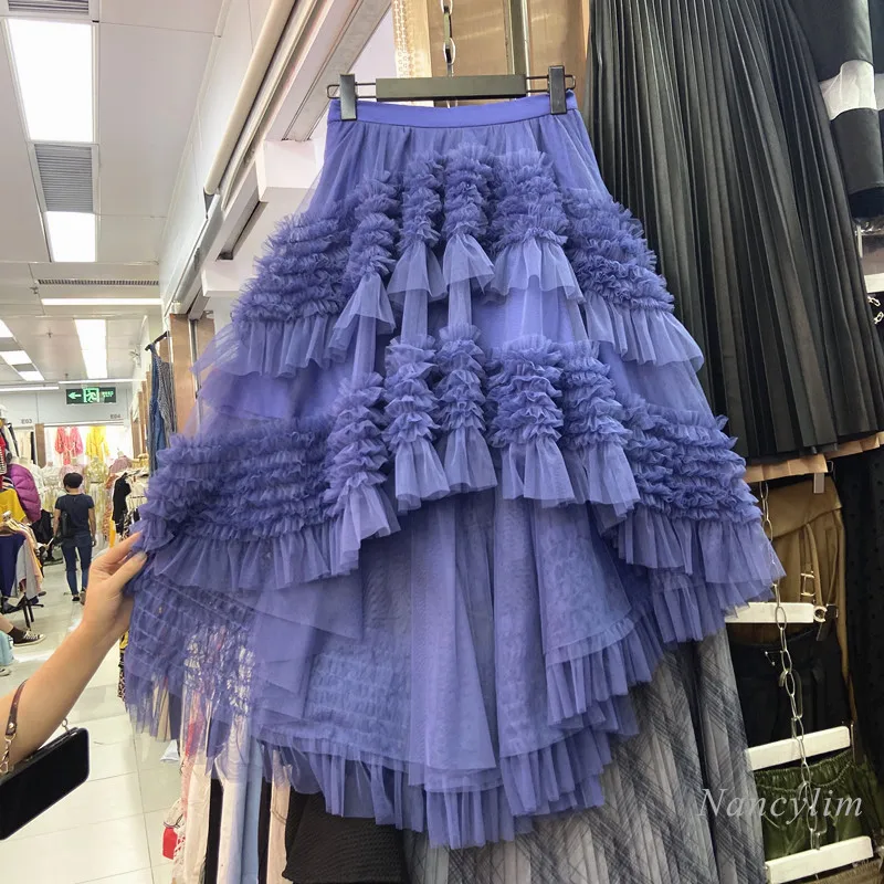 

Ruffled Skirt for Women 2021 Spring New Irregular Multi-Layer Princess Lady Mesh Skirts Blue Nancylim