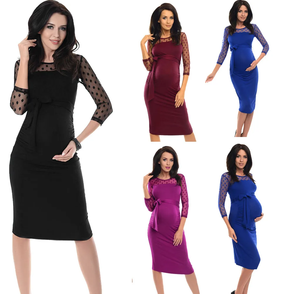 

Maternity Dresses Women Solid Ruched Bodycon Pregnancy Dress With Polka Dot Lace Robe Grossesse Props Clothes For Pregnant Women