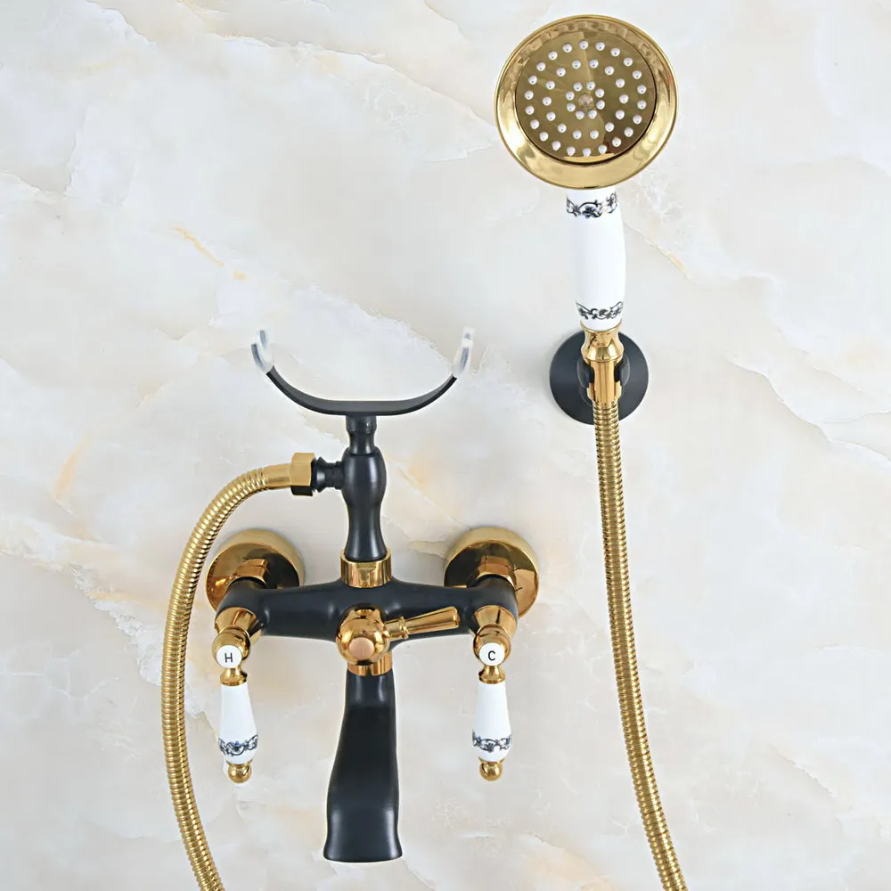 Wall Mounted Bathtub Faucet Double Handle Black Gold Mixer Tap