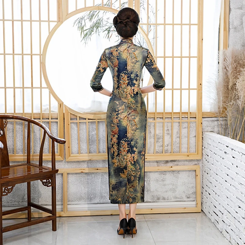 Золотой бархат cheongsam осень и зима женский китайский стиль ретро рукава улучшенное платье Чонсам длинное темперамент XL