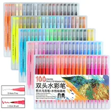 100 цветов, тонкий лайнер для рисования, акварельные фломастеры, художественные маркеры, два кончика, кисточка, школьные принадлежности, канцелярские принадлежности