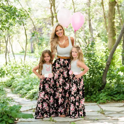 Летнее платье с цветочным рисунком для мамы и дочки; женские длинные платья в полоску для девочек; одежда - Цвет: A