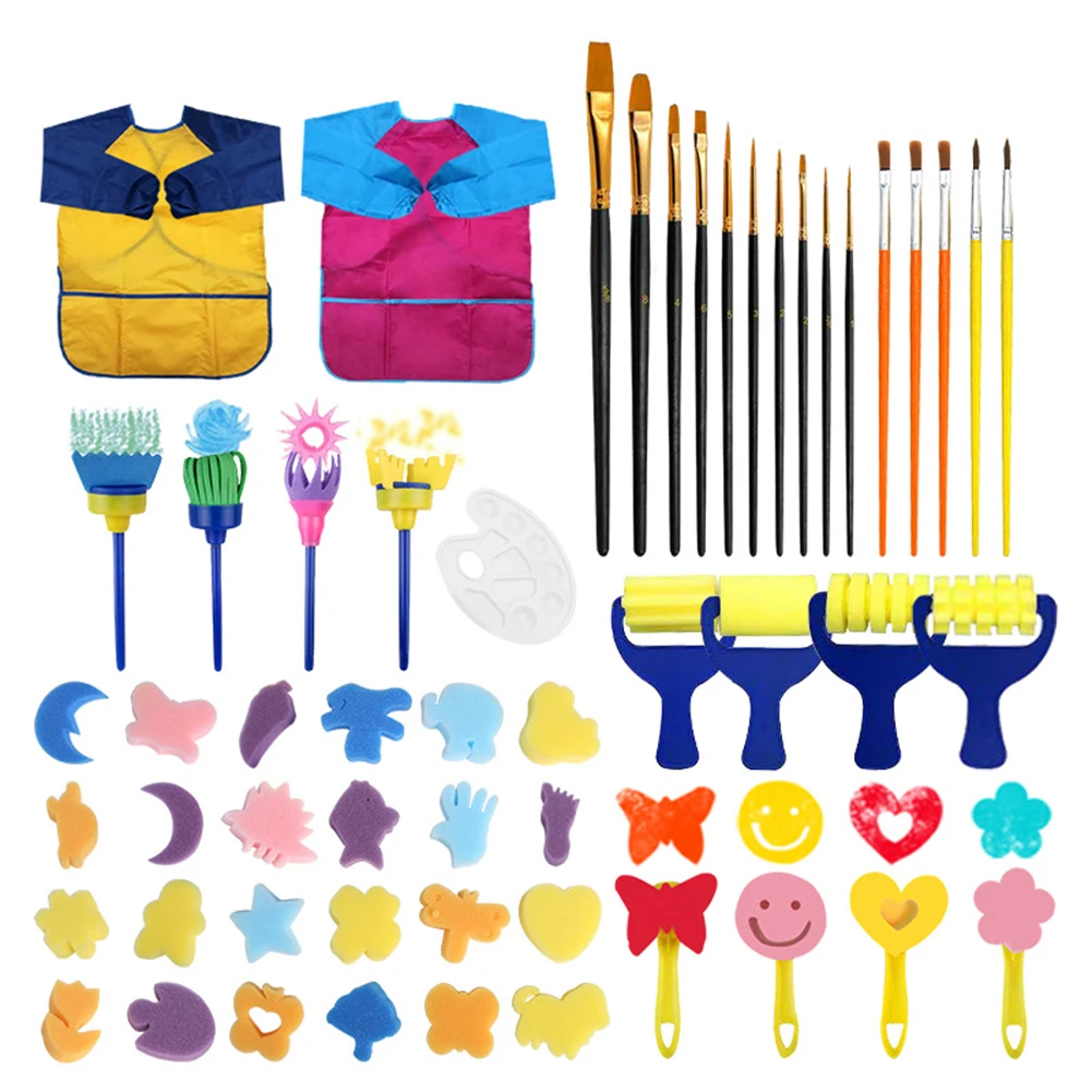 

54pcs Kids Painting Sponge Brush Set Washable Art Crafts Brush DIY Painting Tool with Waterproof Aprons Toddlers Early Learning