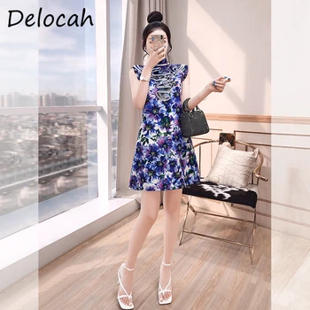 

Delocah Summer Women Fashion Runway A-Line Dress Sleeveless Ruffles Lace Floral Print Elegant Ladies Party Mini Dresses vestidos