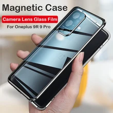 

Magnetic Adsorption Metal Bumper Phone Case for Oneplus 9 8 Pro 9R Case Double Tempered Glass Camera Lens Protector Back Coque