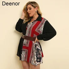

Deenor Plus Size Tops Spring Autumn New Ethnic Style Printing Stitching Loose Long Sleeve Sexy Shirt V-neck Casual Femme Wear