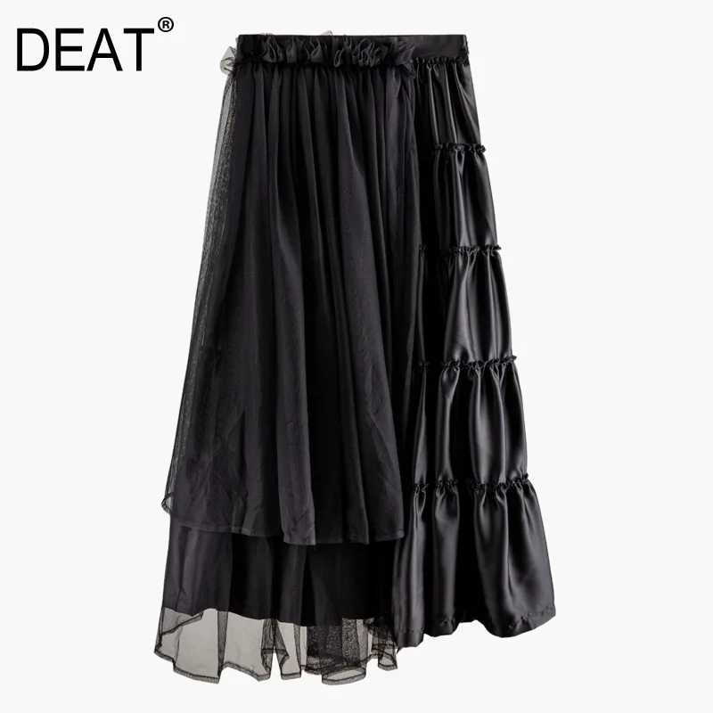 

DEAT 2020 New Spring Solid Color High Waist Irregular Skirt Women Vintage Loose Straight Slim Mesh Splice Pu Leather Skirt PD708