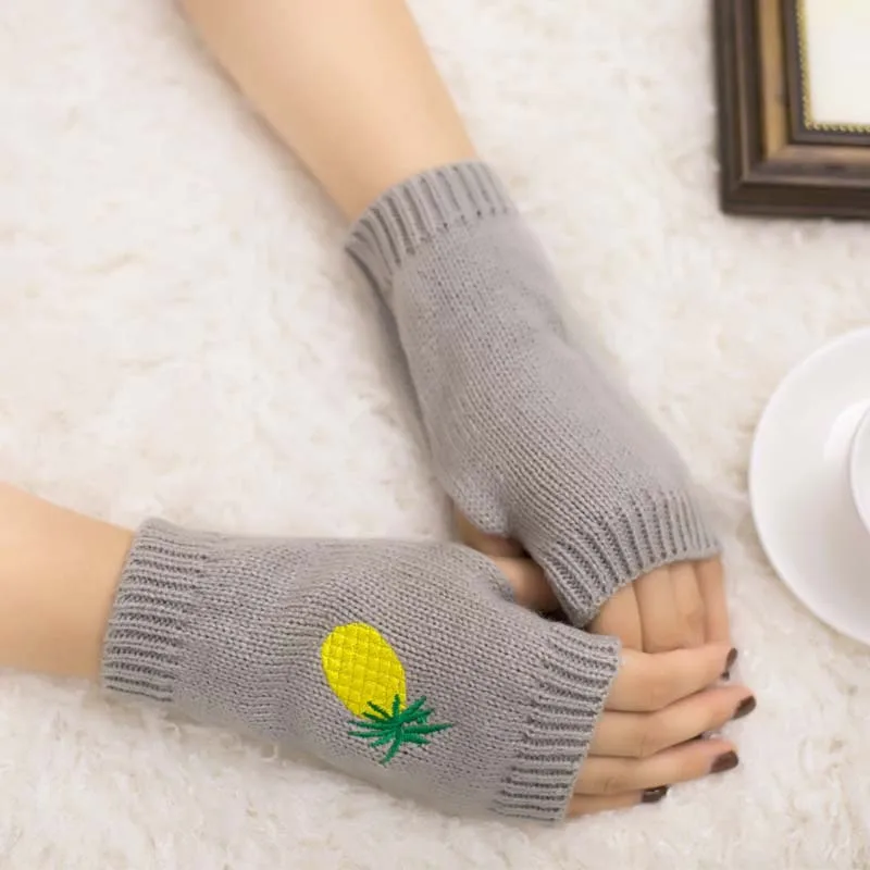 AliExpress Embroidered Pineapple Gloves Cool New Style Knitted Gloves Half-finger Gloves Embroidered Color Warm Gloves Now