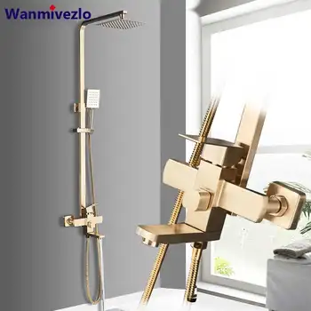 

8" Brushed Gold Shower Faucet Set Rainfall Bath Shower Mixers Swivel Tub Spout Single Handle Bathroom Wall Mounted Shower System