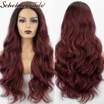 

Scheherezade Ombre Burgundy Synthetic Wig Long Wavy Cosplay Wigs For Women Mixed Black Side Part High Temperature Fiber Hair