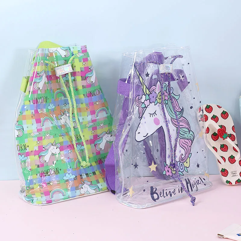2020 Girls summer pvc backpack lovely waterproof bag children unicorn drawstring bag for beach holiday photo