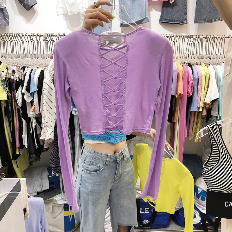 

Sexy Backless Tshirt for Women Summer Short Top New Fashion Round Neck Sexy Hollow Solid Color Long Sleeve Sunscreen T-shirt
