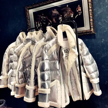 

Silver Stylish Winter Jackets Lambswool Fur one Down Jackets Glossy Stand Collar Cotton Warm Coat Women Outerwear Streetwear