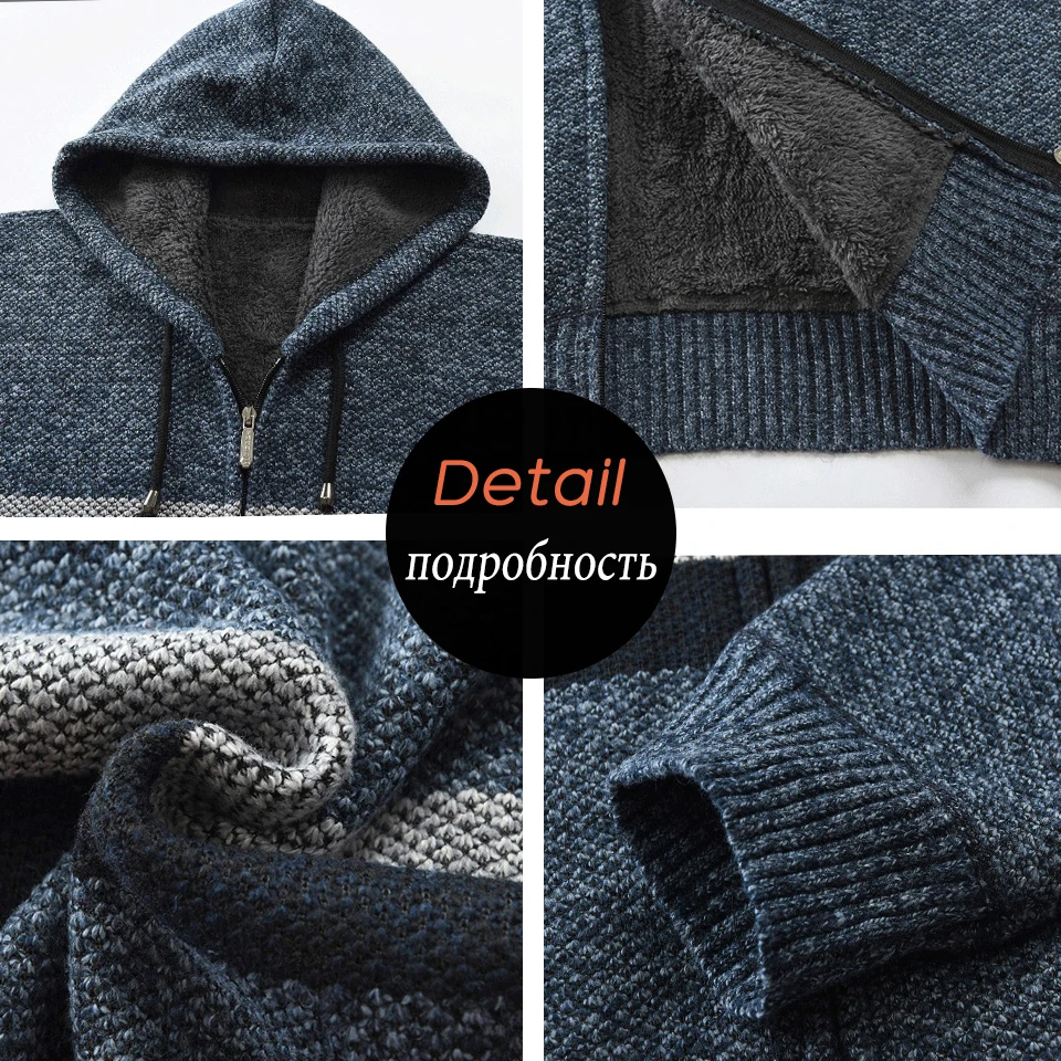 WENYUJH Fashion Sweater Coat Men Thick Warm Hooded Cardigan Men Striped Long Sleeved Zipper Fleece Coats Men 2019 New Winter