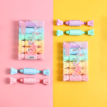 

6 set/Lot Mini Candy Color Highlighter Pens Dual side Bold Fine tip Marker Liner highlighting pen Office School supplies D6421