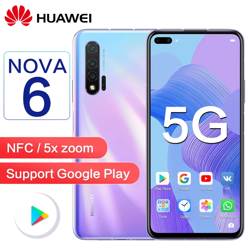 Huawei Nova 6 5G версия 5x Zoom Поддержка NFC 40 Вт supercharge Octa core 4200 мАч 40MP 5 камер Face + сканер