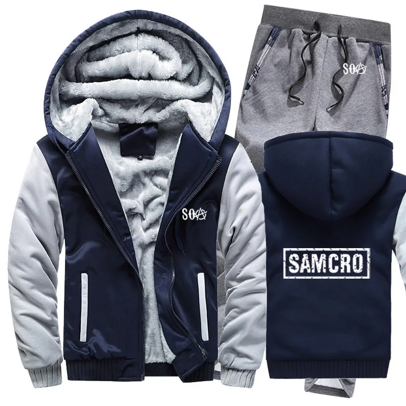 SOA Sons of толстовки анархия мужской костюм зимний флисовый утепленный теплый свитер на молнии мужские толстовки SAMCRO куртка + штаны комплекты