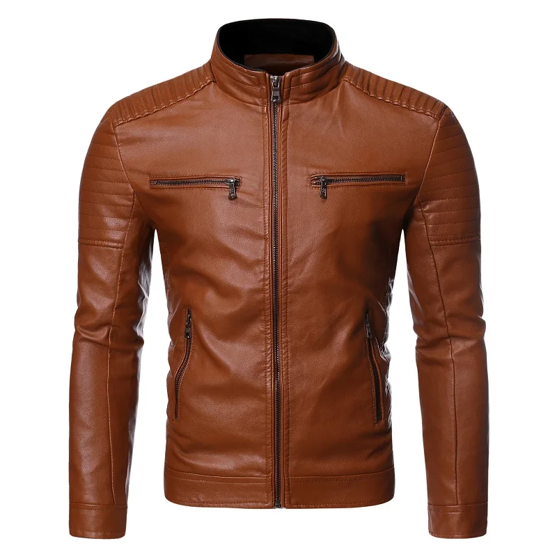 Chaqueta de cuero ajustada para hombre, abrigo de cuero para motocicleta, cremallera, informal, novedad