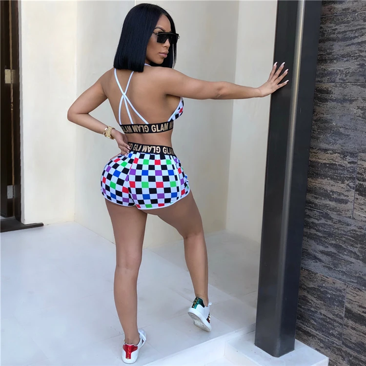 TY7014 sexy contrast color plaid spaghetti strap plaid sports bra shorts two piece set