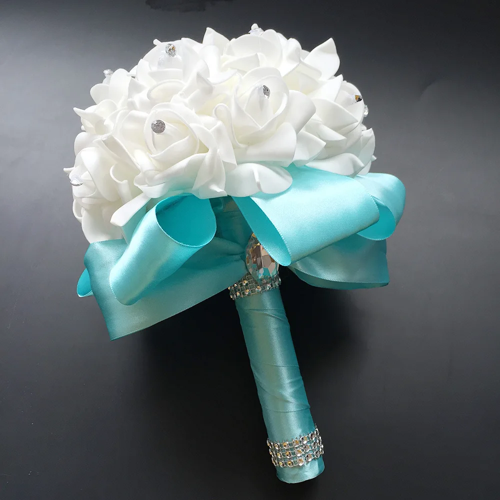 Хорошее качество дешевые PE розы невесты свадебные поролоновые цветы розы свадебный букет ленты поддельные свадебные букет de noiva - Цвет: Tiffany blue