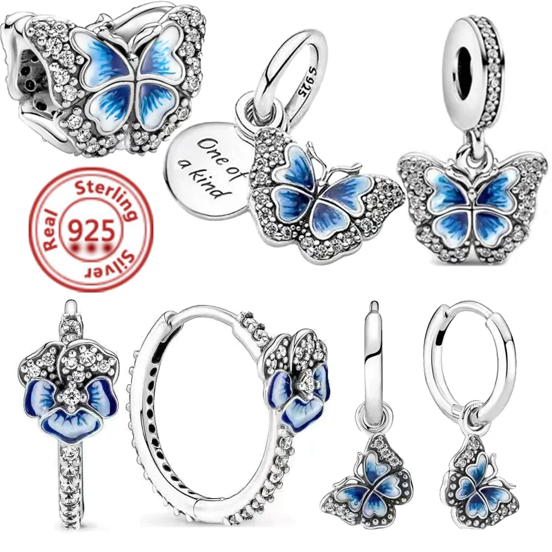 925 Sterling Silver Sky Blue Pave Butterfly Flowers Delicate Beads Fit Original Pandora Charms Bracelet Women DIY Europe Jewelry |