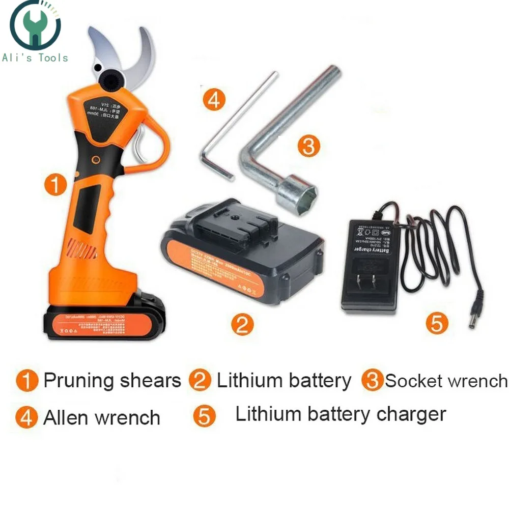 21V Li Battery Rechargeable Electric Pruning Scissors Cordless Pruning Shears Garden Pruner Secateur Branch Cutter Cutting Tool