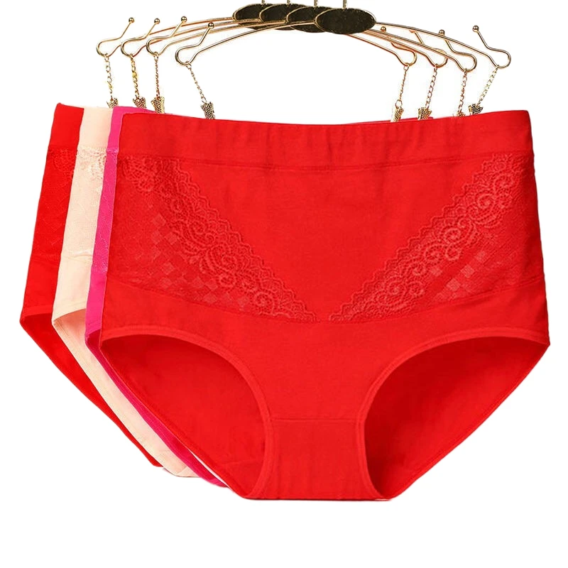 4pcs/Lot Big Size High Waist Women's Panties Solid 100% Cotton Briefs Underwear Lady Sexy Lace Seamless Underpants L XL