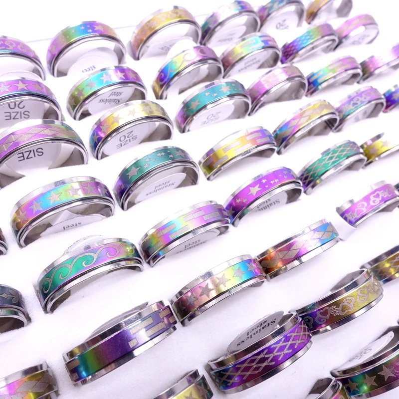 Wholesale 50pcs/Lot Mens Womens Multicolor Stainless Steel Spinner Rings Fashion Jewelry Variety of Patterns Size 17-21mm 2