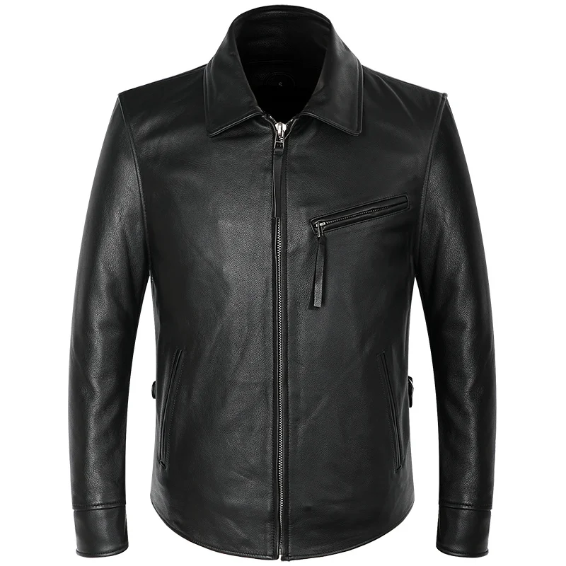 

Business Men's Casual Genuine Leather Coat Dovetail Design Cowhide Real Leather Jackets Black Zipper Slim Fit For Men