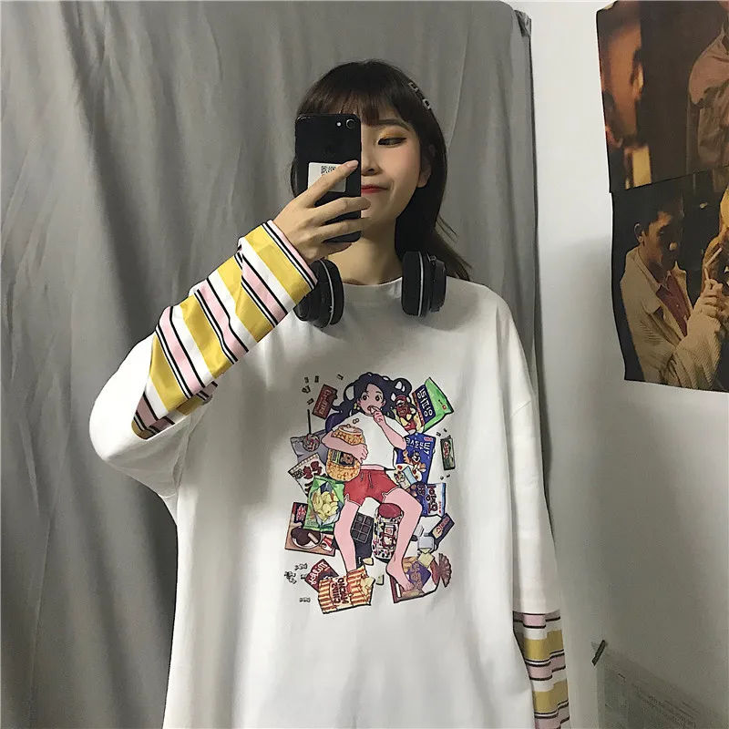 

2019 Autumn Women Clothing Korean Ulzzang Harajuku T-shirt Funny Printed Fake Two Long Sleeve T-shirts Female Loose Shirts Tops