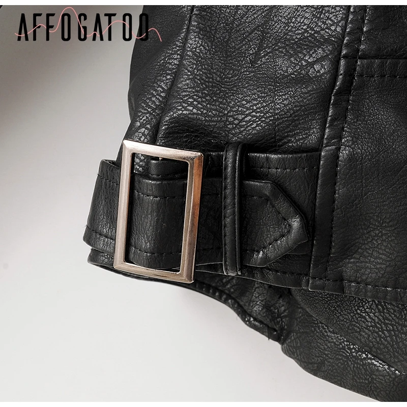 Affogatoo Casual Autumn winter warm faux fur female jackets furry Detachable collar leather coat women Thick outwear ladies coat