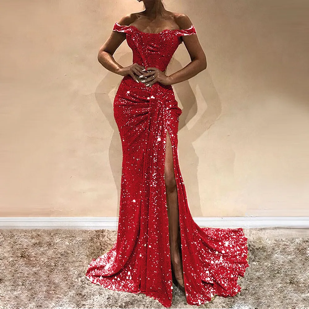 

Missord 2019 Sexy Slash Neck Sequins Sexy Women Party dress High Split Backless Elegant Women Maxi Dresses FT19677